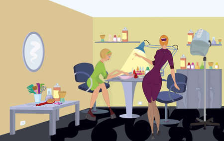 Beauty salon  client in green dress is getting manicure のイラスト素材