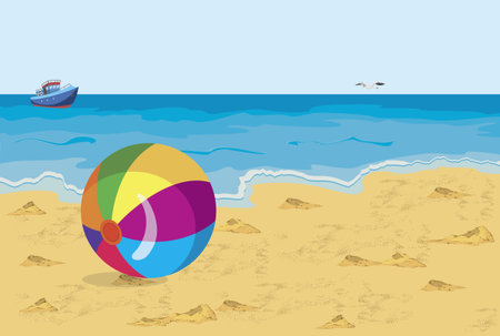 Vector illustration of big colorful ball on the beach seagull and shipのイラスト素材