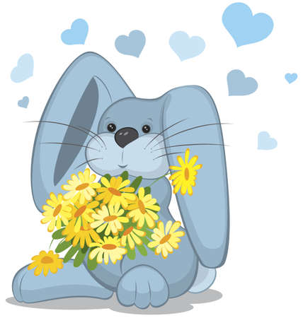 Blue rabbit  with daisy flowers vector illustration on white のイラスト素材