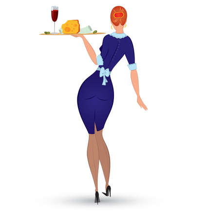 illustration of a slim waitress in blue uniform isolated on white
のイラスト素材