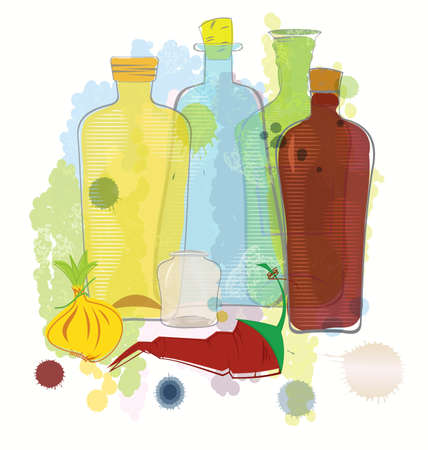 illustration of water colored bottles pepper and onion
のイラスト素材