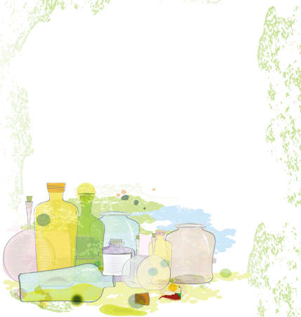 illustration of water colored jars and bottles with copy space 
のイラスト素材