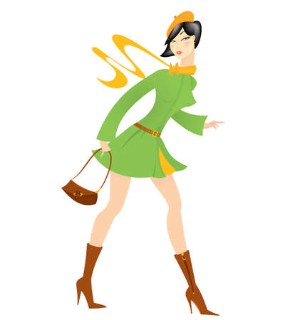 Vector illustration of cartoon girl in green dress walking isolated on white 
のイラスト素材