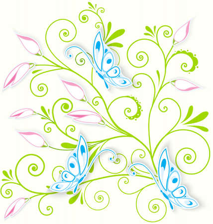 
Vector illustration of blue butterflies cut out of paper over floral spiral textured background
のイラスト素材
