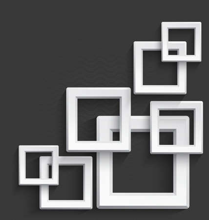 Illustration of white 3d square frames overlapping with realistic long shadow on dark gray backgroundのイラスト素材