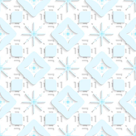 Abstract 3d geometrical seamless background. Blue snowflake ornament layered on white rectangles perforated out of paper with blue rectangles on top.のイラスト素材