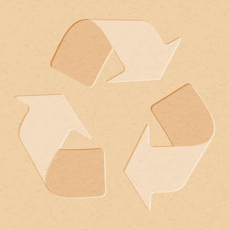 Recycling symbol embossed on brown recycling paper. Old brown recycling material texture with recycling arrows.

のイラスト素材