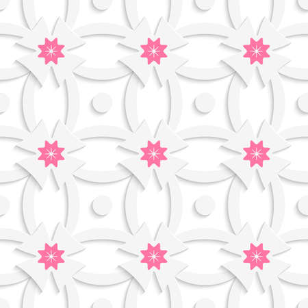 Abstract 3d seamless background. White ornament net pink flowers and white crosses with cut out of paper effect.

のイラスト素材
