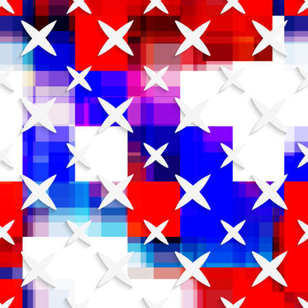 Abstract 3d geometrical seamless background. White small and big stars on flag colored layer with cut out of paper effect. のイラスト素材