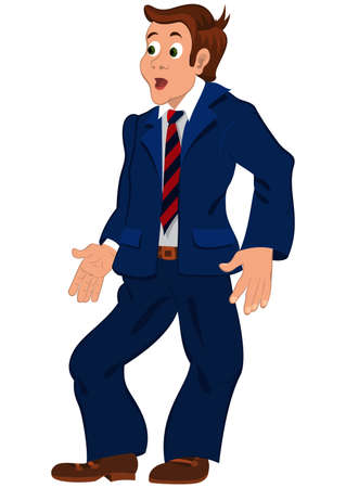 Illustration of cartoon male character isolated on white. Cartoon man in blue suit striped tie and open mouth.




のイラスト素材