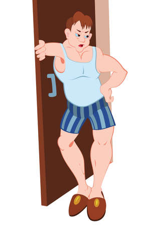 Illustration of cartoon male character. Cartoon man in blue underwear standing near apartment door.
のイラスト素材