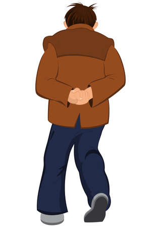 Illustration of cartoon male character isolated on white. Cartoon man in brown jacket walking away back view.



のイラスト素材