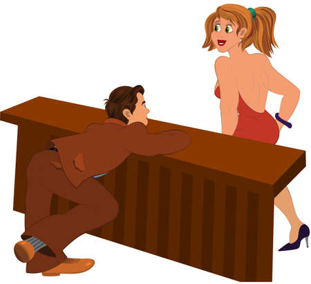 Illustration of cartoon people isolated on white. Cartoon man looking at walking girl.のイラスト素材