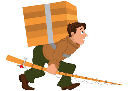 Illustration of cartoon male character isolated on white. Cartoon man with fishing rod and carrying heavy wooden box.





のイラスト素材