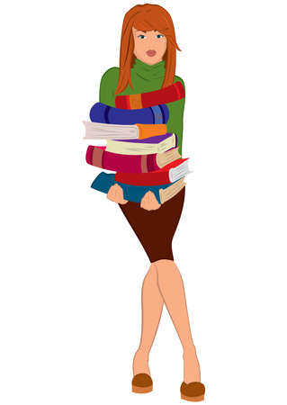 Illustration of cartoon female character isolated on white. Cartoon young woman holding stack of books.




のイラスト素材
