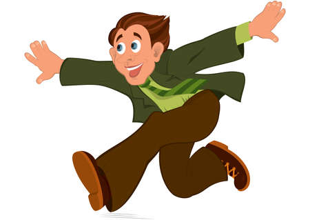 Illustration of cartoon male character isolated on white. Cartoon man in green jacket running with hands wide open.のイラスト素材