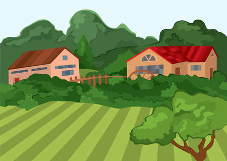 Illustration of cartoon landscape. Cartoon village houses with green field and trees.のイラスト素材