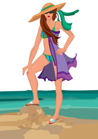 Illustration of cartoon female character isolated on white. Cartoon young woman in swimsuit in sunglasses and hat.
のイラスト素材