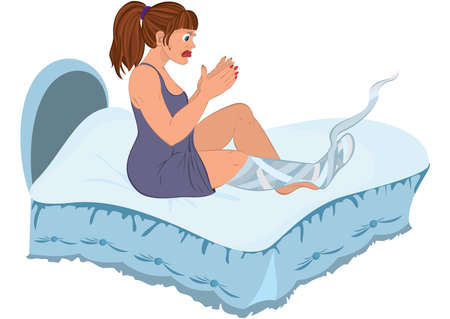Illustration of Cartoon woman in red dress sitting on the bed with injured leg.
のイラスト素材