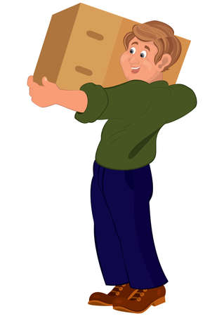 Illustration of cartoon male character isolated on white. Happy cartoon man standing in brown shoes holding big box.




のイラスト素材