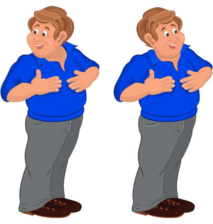 Illustration of two cartoon male characters isolated on white. Happy cartoon man walking in blue polo shirt touching stomach.のイラスト素材