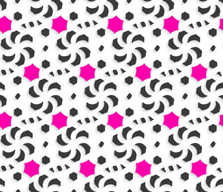 Seamless abstract background of white 3d shapes with realistic shadow and cut out of paper effect. 3d ornament with black and pink on white background.のイラスト素材