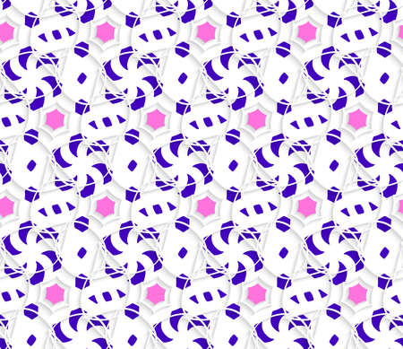 Seamless abstract background of white 3d shapes with realistic shadow and cut out of paper effect. Layered ornament with blue and pink on white background.のイラスト素材