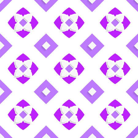 Seamless abstract background of white 3d shapes with realistic shadow and cut out of paper effect. White geometrical ornament with purple squares.のイラスト素材