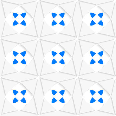 Seamless abstract background of white 3d shapes with realistic shadow and cut out of paper effect. White geometrical ornament with triangles and blue.のイラスト素材