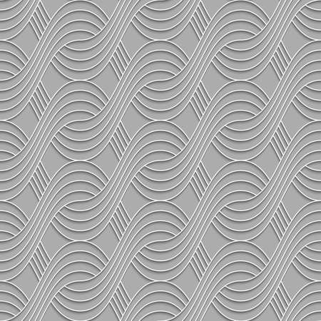 Seamless geometric background. Modern monochrome 3D texture. Pattern with realistic shadow and cut out of paper effect.3D striped interlocking waves on gray.のイラスト素材