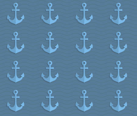 Vintage colored simple seamless pattern. Background with paper fold and 3d realistic shadow.Retro fold blue anchors on waves.のイラスト素材