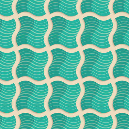 Vintage colored simple seamless pattern. Background with paper fold and 3d realistic shadow.Retro fold light green striped wavy squares.のイラスト素材