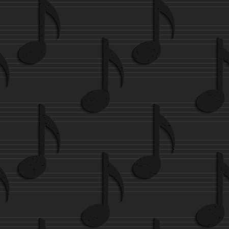 Black textured plastic solid music notes.Seamless abstract geometrical pattern with 3d effect. Background with realistic shadows and layering.のイラスト素材
