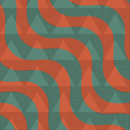 Retro 3D green and brown diagonal waves with texture and triangles.Abstract layered pattern. Bright colored background with realistic shadow and thee dimentional effect.のイラスト素材