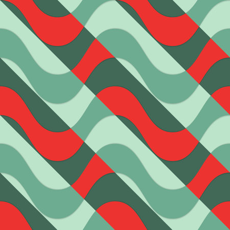 Retro 3D red waves with green parts.Abstract layered pattern. Bright colored background with...