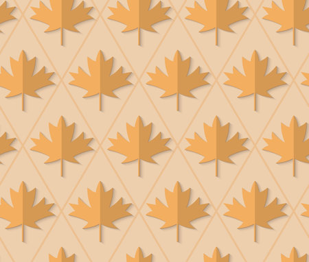 Retro fold light brown maple leaves.Abstract geometrical ornament. Pattern with effect of folded paper with realistic shadow. Vintage colored simple shapes on textured background.のイラスト素材