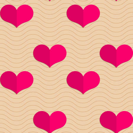 Retro fold small pink hearts on waves.Abstract geometrical ornament. Pattern with effect of folded paper with realistic shadow. Vintage colored simple shapes on textured background.のイラスト素材
