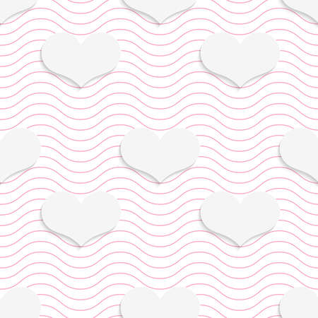White 3D with colors hearts on pink waves.Abstract geometrical background. Pattern with cut out paper effect and realistic shadows.のイラスト素材
