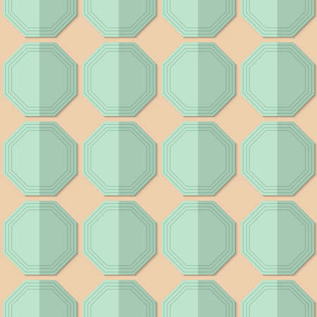 Retro fold light green octagons.Abstract geometrical ornament. Pattern with effect of folded paper with realistic shadow. Vintage colored simple shapes on textured background.のイラスト素材
