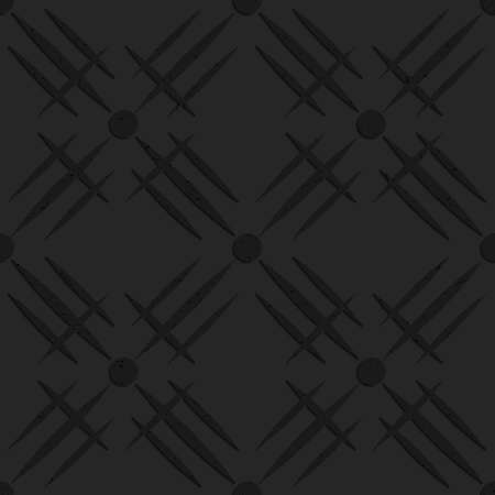Black textured plastic circles and crossing hatches.Seamless abstract geometrical pattern with 3d effect. Background with realistic shadows and layering.のイラスト素材