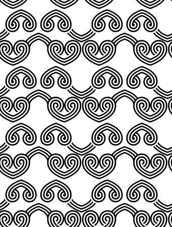 Black and white overlapping hearts in row.Seamless stylish geometric background. Modern abstract pattern. Flat monochrome design.のイラスト素材