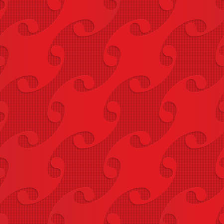 Red diagonal shells on checkered background.Seamless geometric background. 3D layered and textured pattern with realistic shadow and cut out effect.のイラスト素材