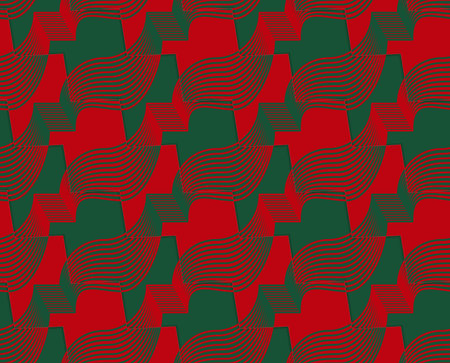 Retro 3D red and green zigzag cut ribbons.Abstract layered pattern. Bright colored background with...