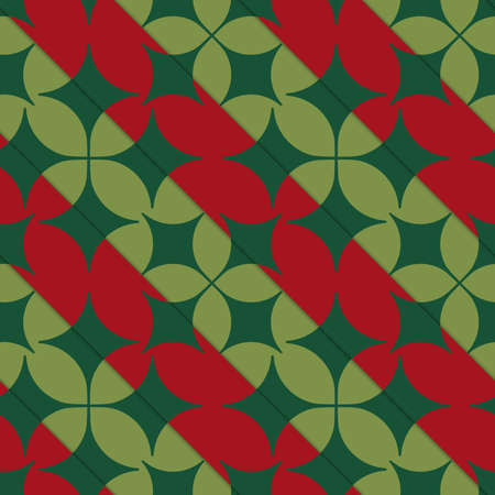 Retro 3D bright green and red with pointy four foils.Abstract layered pattern. Bright colored background with realistic shadow and thee dimensional effect.のイラスト素材