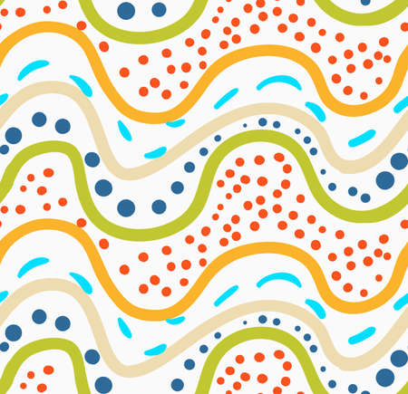 Painted orange and green waves with red and blue dots.Hand drawn with paint brush seamless background. Abstract colorful texture. Modern irregular tillable design.のイラスト素材