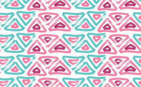 Rough brush pink and green triangles.Abstract colorful seamless background. Stained and grunted texture over hand drawn paint brush ornament.のイラスト素材
