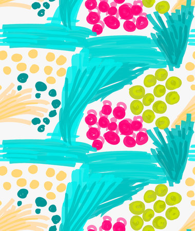 Abstract green and pink strokes and circles.Hand drawn with paint brush seamless background.Modern...
