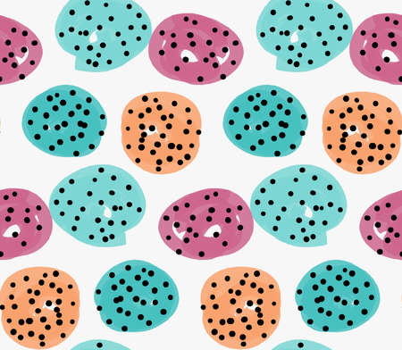 Marker drawn green orange red circles and black dots.Hand drawn with marker seamless background.Modern hipster style design.のイラスト素材