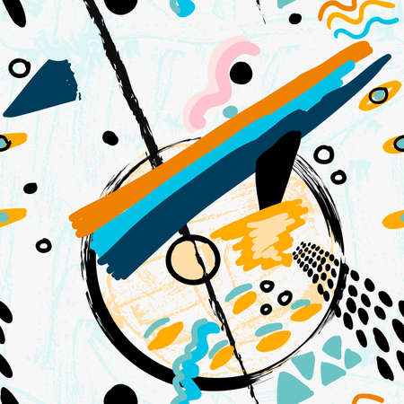 Abstract black grunge circles with dots and stripes.Hand drawn with paint brush seamless background.Modern hipster style design.のイラスト素材