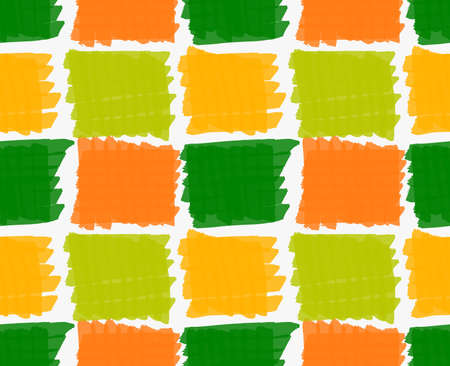 Marker drawn hatched green and orange squares.Hand drawn with marker seamless background.Modern hipster style design.のイラスト素材